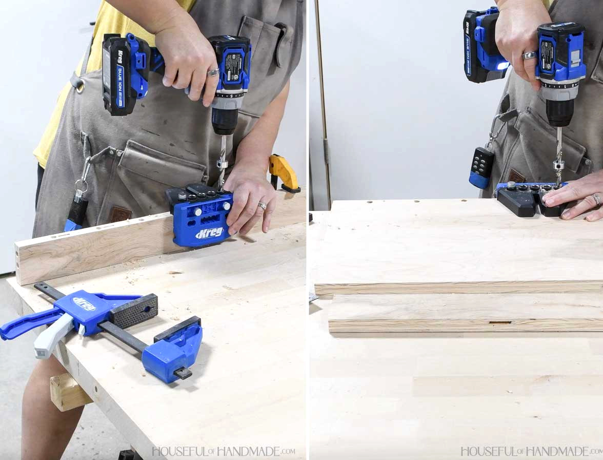 Drilling dowel holes for the back support board. 