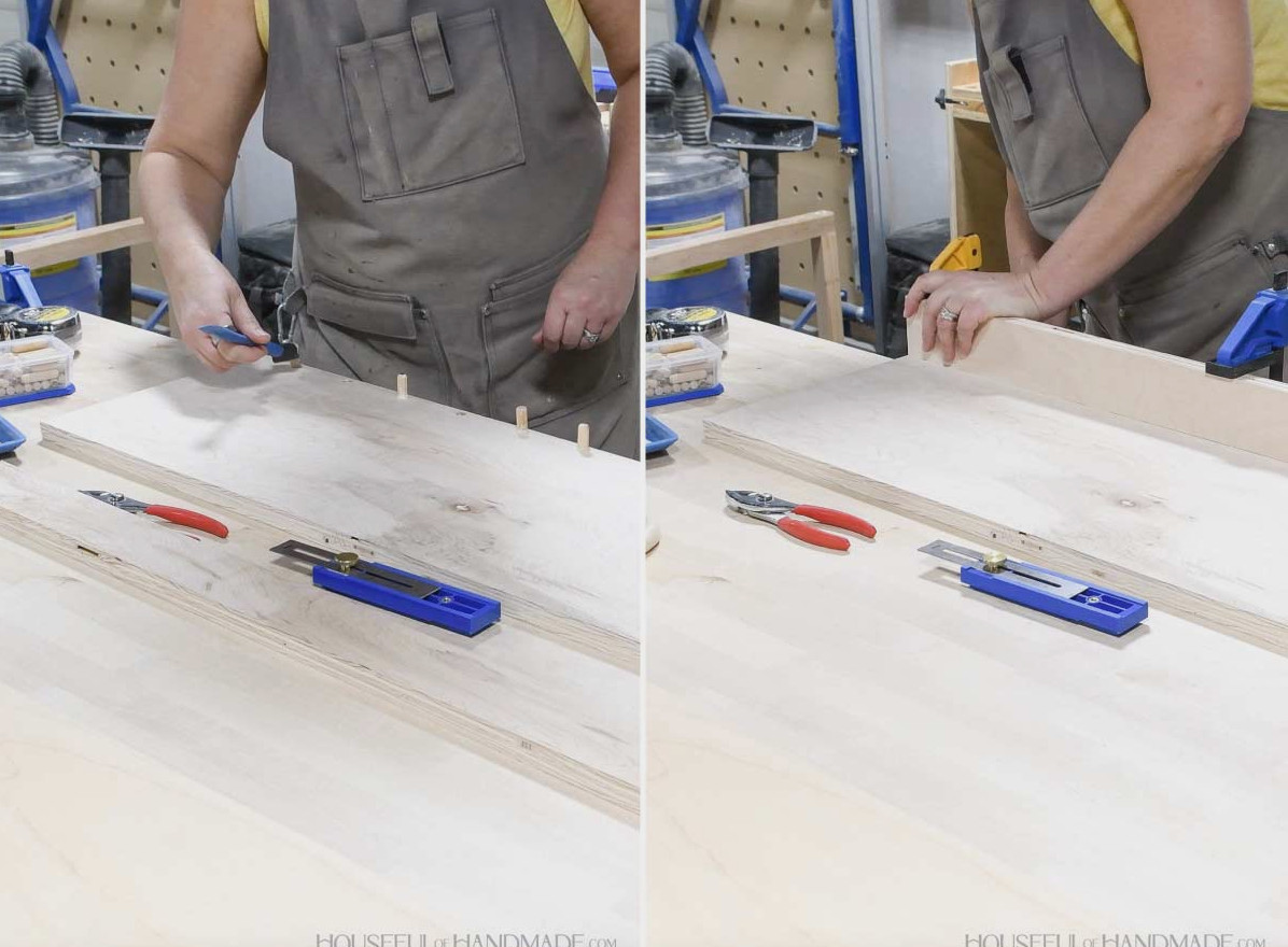 Attaching the back support piece with dowel pins. 
