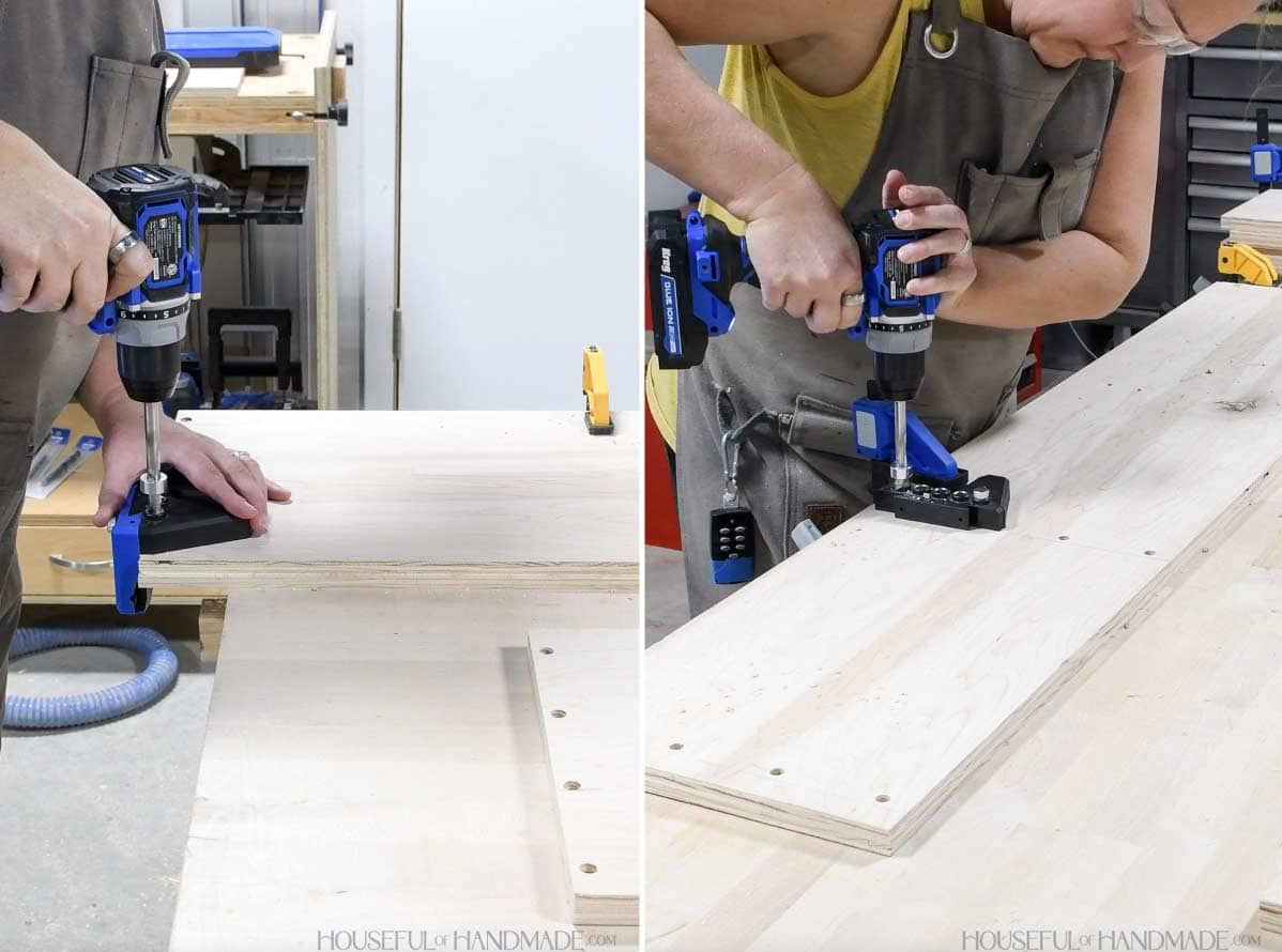 Making holes along the side boards for dowel pins using a jig. 