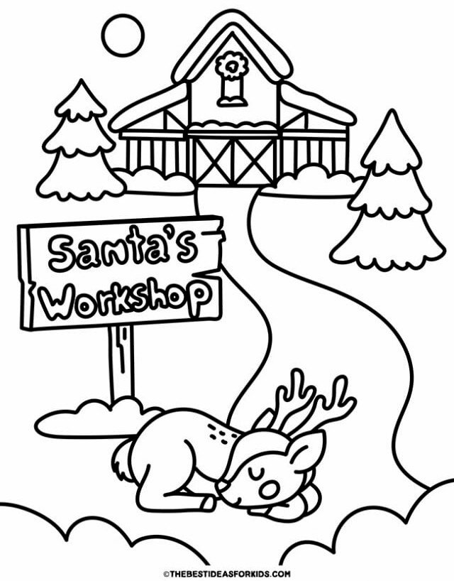 reindeer at santas workshop coloring page