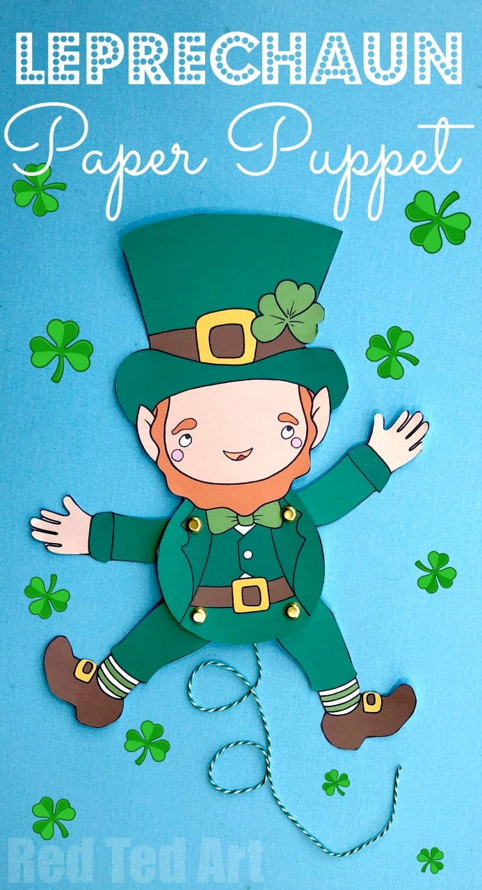 Leprechaun Paper Puppet for St Patrick's Day. Adorable Paper Leprechaun Printable. Love these fabulously easy articulated paper puppet how to #leprechaun #paperpuppet #puppet #catchaleprechaun #stpatricksday #printables