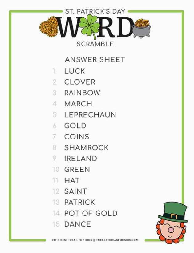 St Patrick's Day Word Scramble Answers