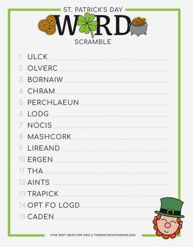 St Patrick's Day Word Scramble Sheet