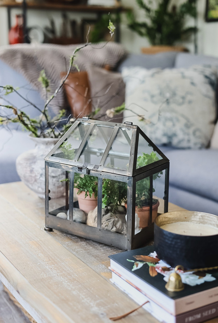 coffee table with terrarium, vase, and a stack of books