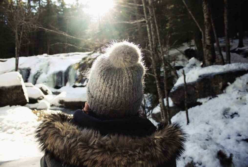 the back of a woman looking at a frozen waterfall