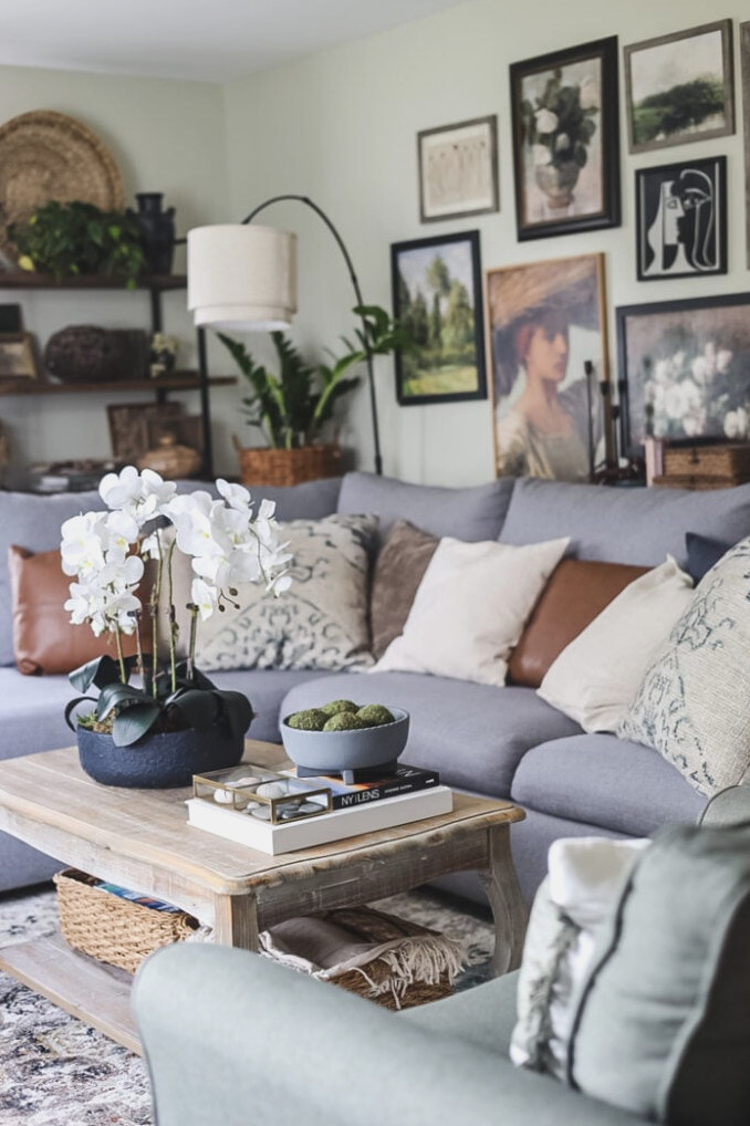 living room with large gallery wall and gray sectional