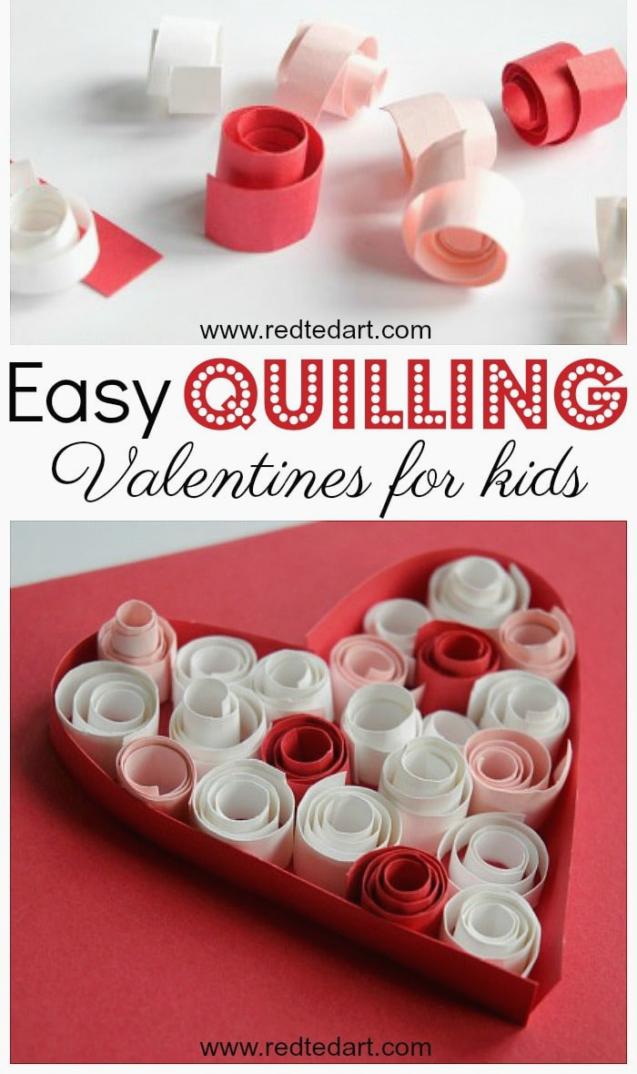 Easy Quilling for kids. Learn the basics of Paper Quilling with these great Paper Quilled Heart Cards for Valentines Day. #valentines #valentinesday #valentinesdaycards #valentinescards #hearts #papercrafts #quilling