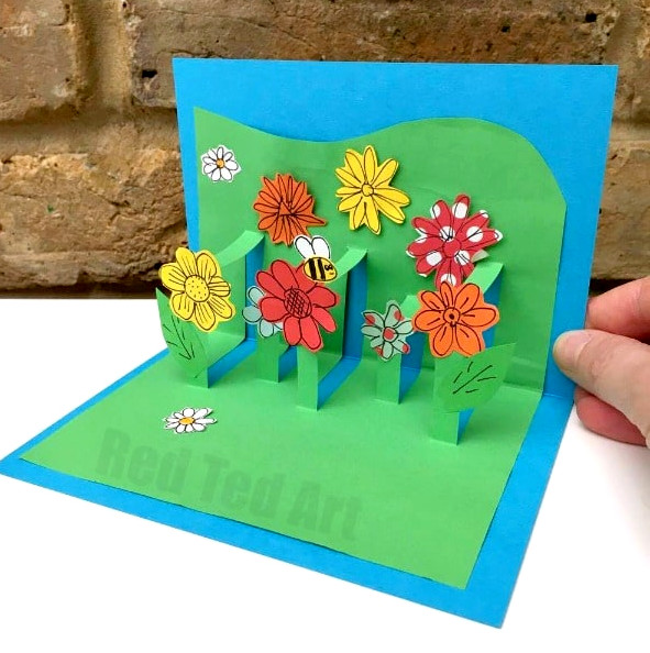 DIY 3D Flower Card - Pop Up Cards for Children - How to create 3D Flower Cards. Easy Flower Garden Pop Up for Mother's Day, birthdays or Teacher Appreciation #popup #cardmaking #popupcards #3d #3dcards #flowergarden #3dflowers #flowers #mothersday #teachers 