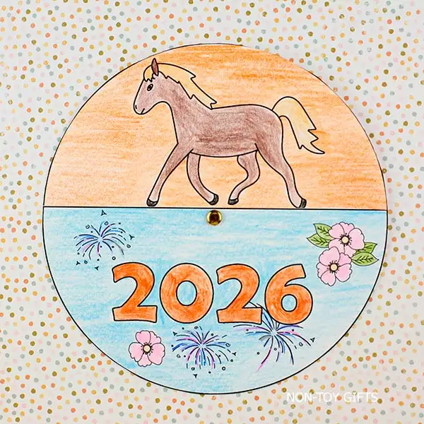 Printable Chinese New Year horse spinner craft for kids featuring a rotating paper wheel with a horse design and 2026, a fun Lunar New Year art activity to print and assemble