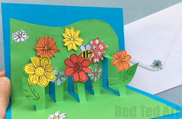 DIY 3D Flower Card - Pop Up Cards for Children - How to create 3D Flower Cards. Easy Flower Garden Pop Up for Mother's Day, birthdays or Teacher Appreciation #popup #cardmaking #popupcards #3d #3dcards #flowergarden #3dflowers #flowers #mothersday #teachers 