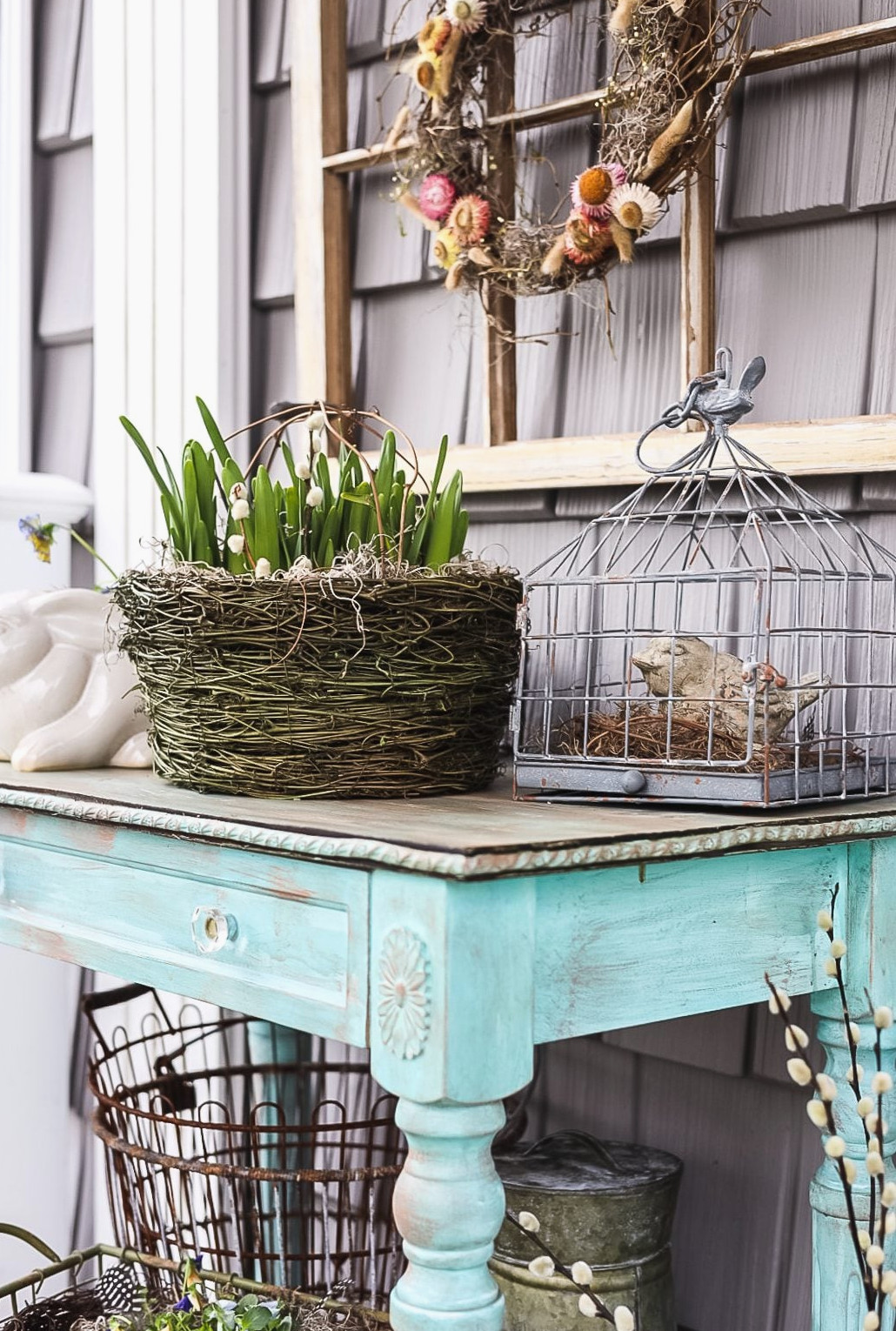 blue table on a spring porch