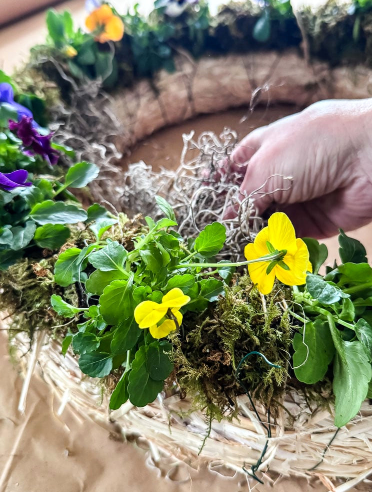a woman's hand adding moss to a wreath