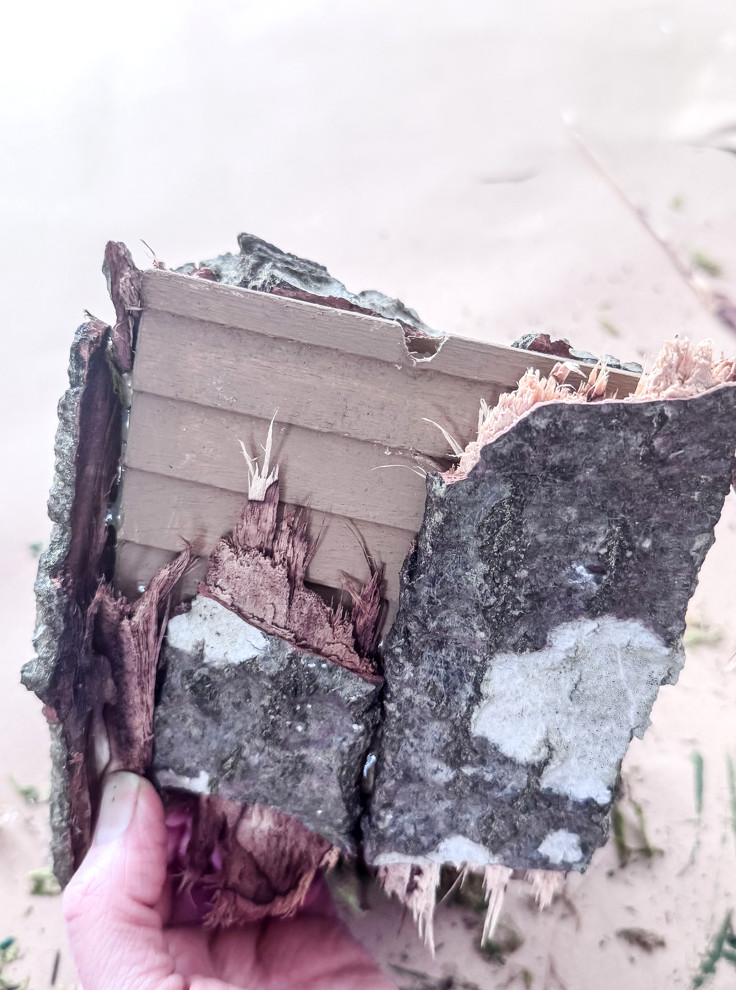 gluing bark on a birdhouse