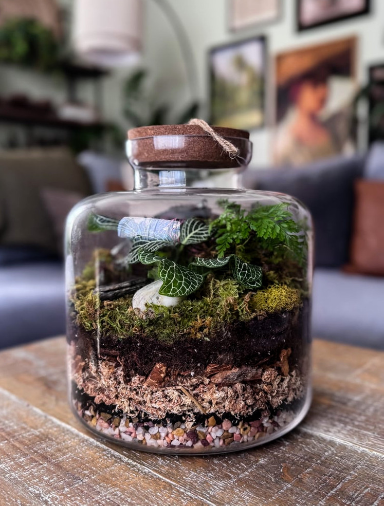 a tall closed glass terrarium on a table