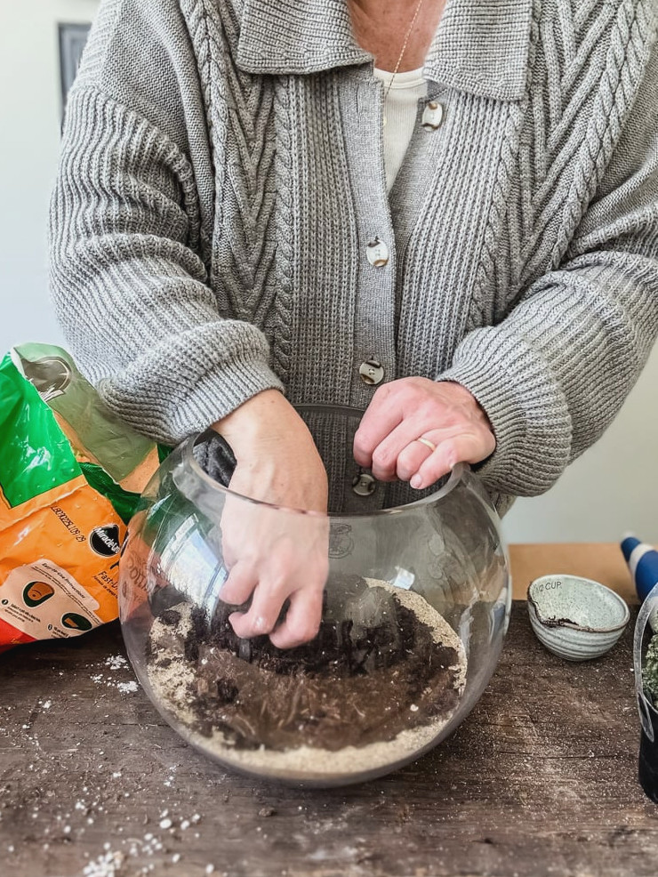 adding soil to a terrarium