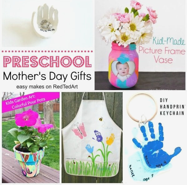 Collage with mother's day gifts for preschoolers to make, including hand bowl and handprint apron