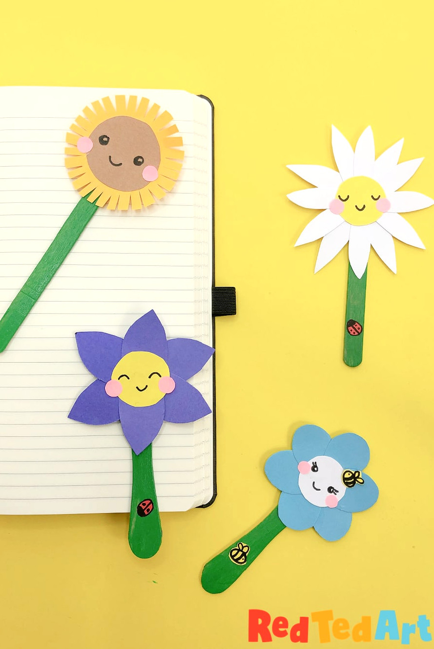 Simple Popsicle Stick Flower Bookmarks for children to make as gifts