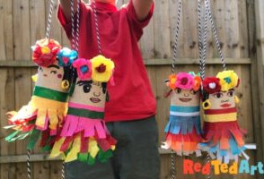 Frida Kahlo-style mini pinata made from a TP roll for Cinco de Mayo