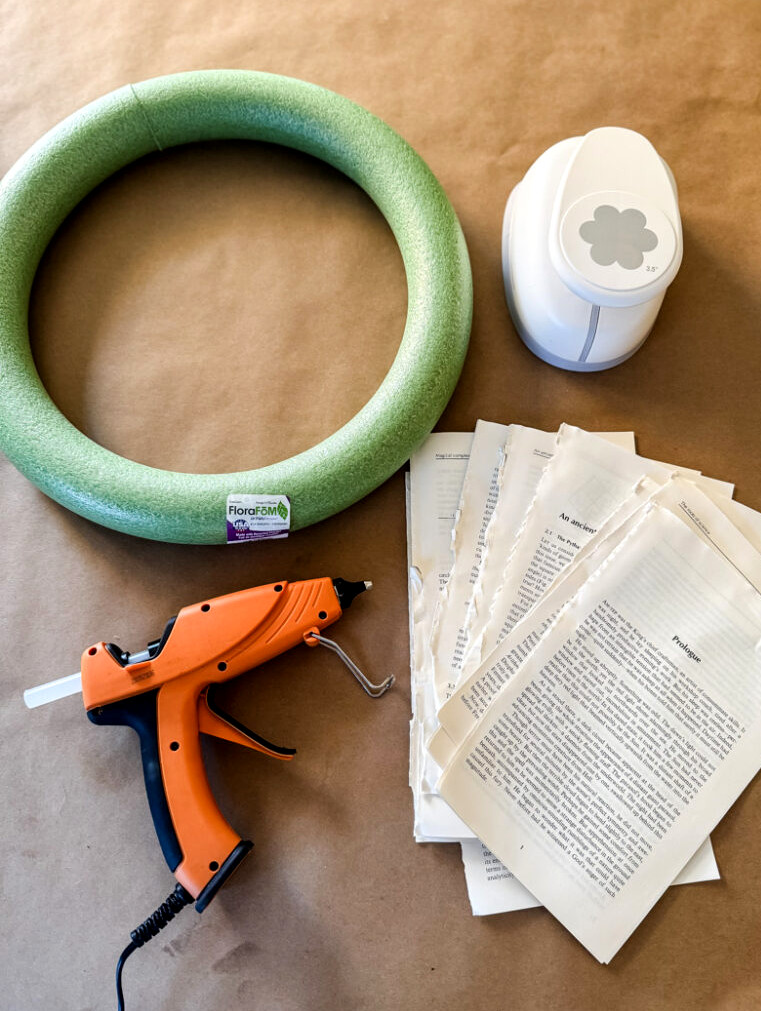 supplies to make a book page hydrangea wreath