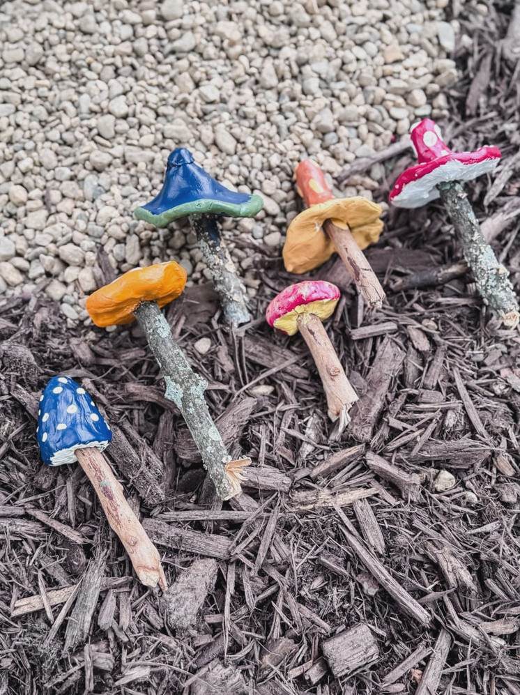 colorful clay mushrooms for a fairy garden