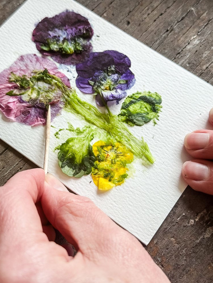 using the flower pounding method to make a pansy print