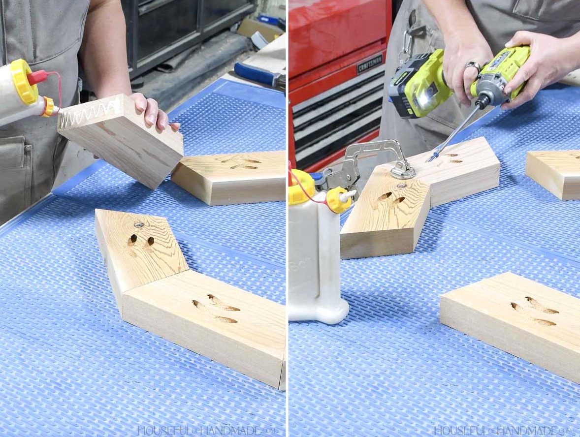 Attaching two top boards together with glue and pocket holes.