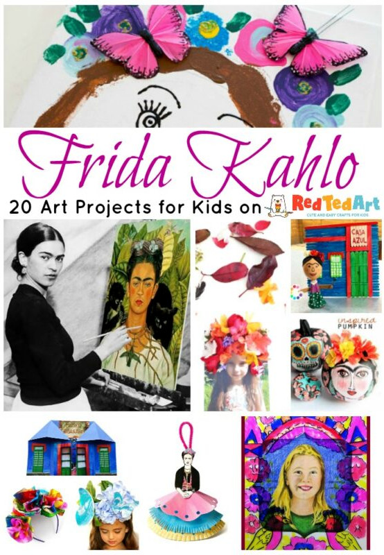 Collection of Frida Kahlo Art Projects for Kids, featuring self portraits, Caza Azul and floral headbands.