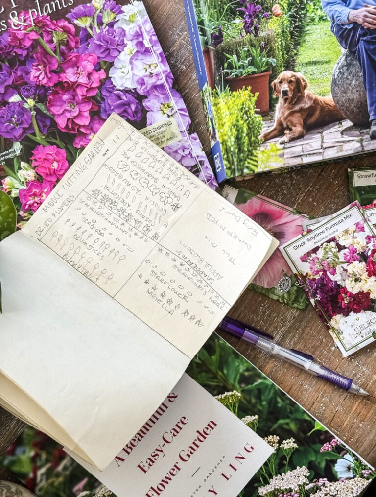 garden journal, books, seeds
