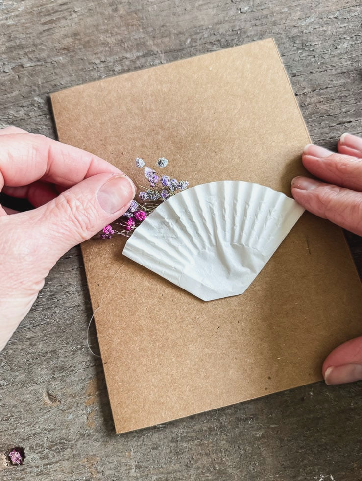 adding baby's breath to a cupcake liner on a card