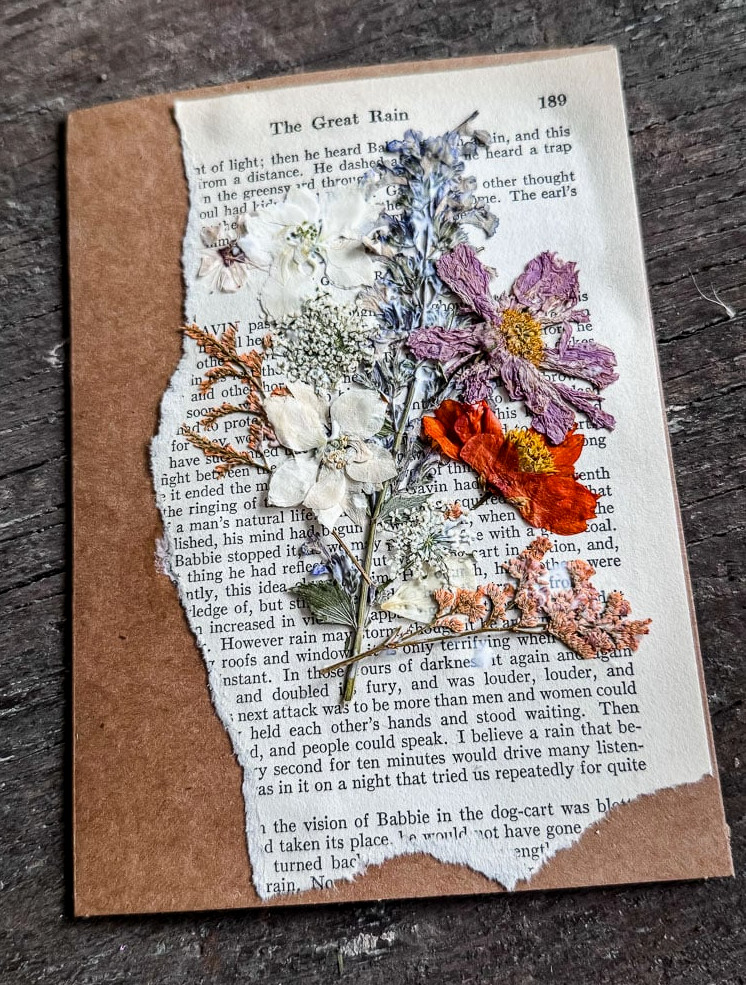 notecard with bookpage and flowers