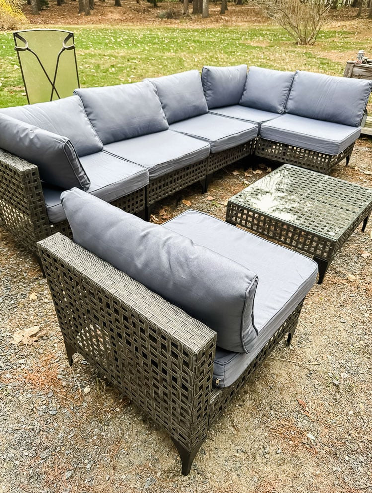 outdoor sectional with light blue cushions