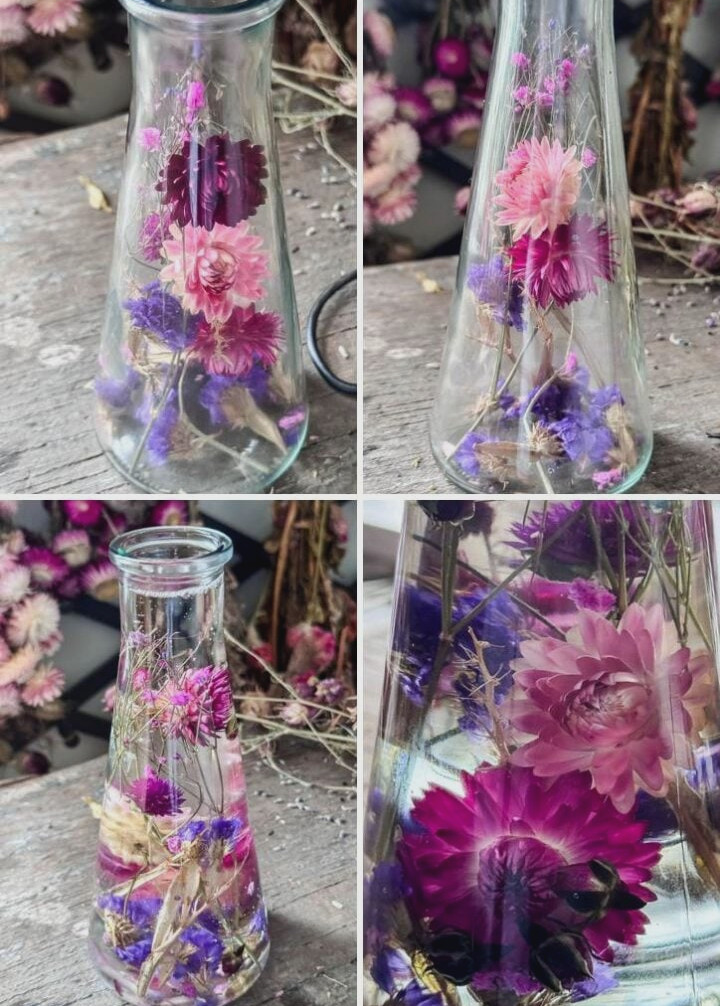 a collage of 4 photos of the process of making a japanese herbarium bottle with flowers suspended in oil