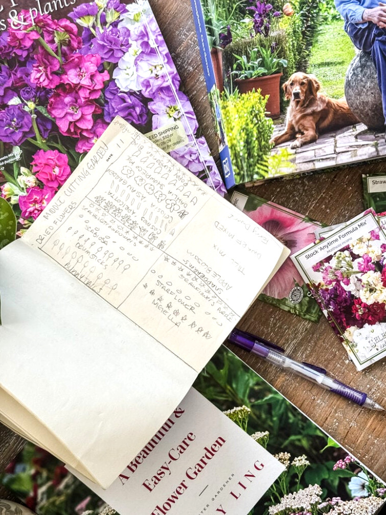garden journal, books, seeds