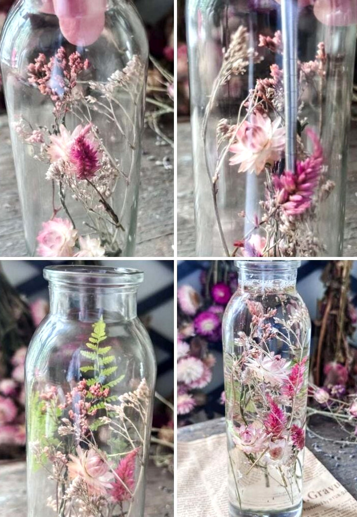 4 images of a glass bottle being filled with dried flowers