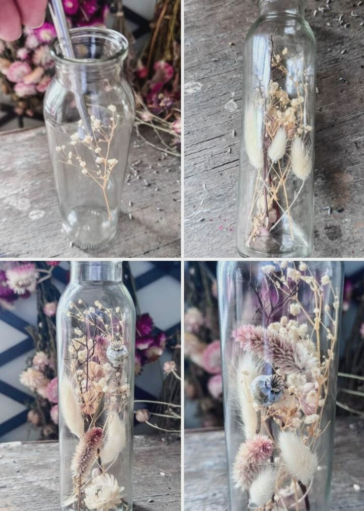 a collage of 4 photos showing the process of making a herbarium bottle with soft neutral colored flowers.