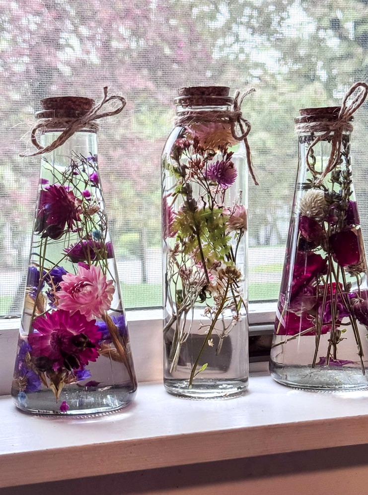 glass bottles with flowers suspended in oil in window