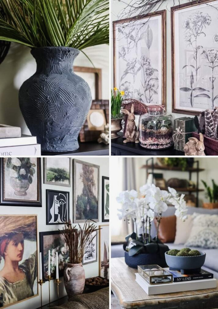 collage of 4 home spaces including mantel, large vase, gallery wall, and coffee table