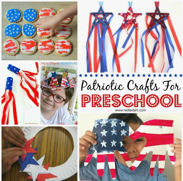 Collage of Patriotic Crafts suitable for Toddlers. Includes toddlers crafting in red white and blue