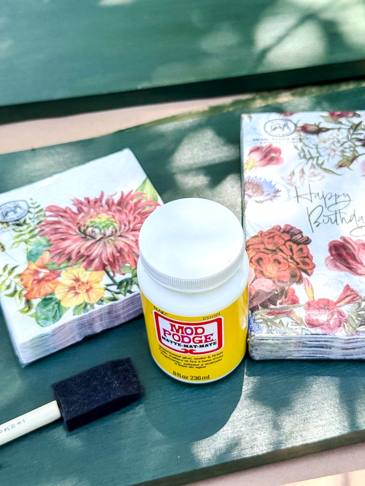 decoupage supplies including mod podge and floral napkins
