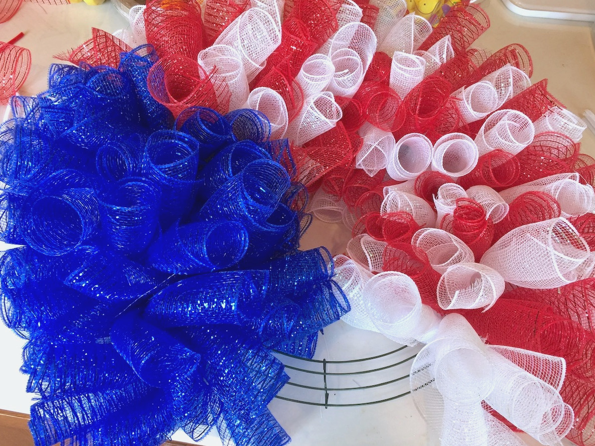 fourth of july mesh wreath in progress