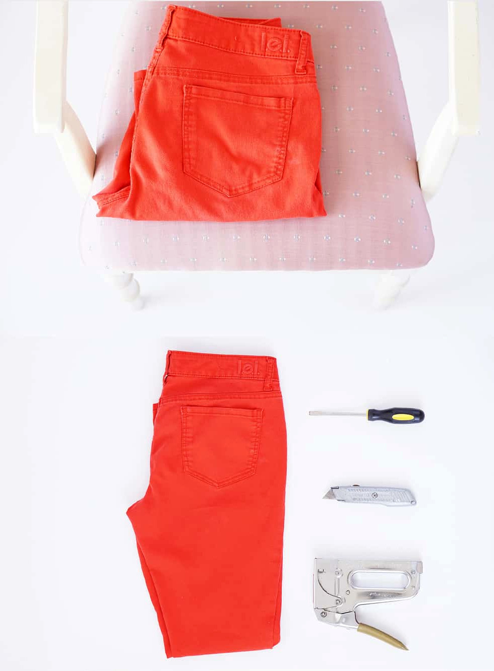 Pair of jeans resting on a chair with tools close by