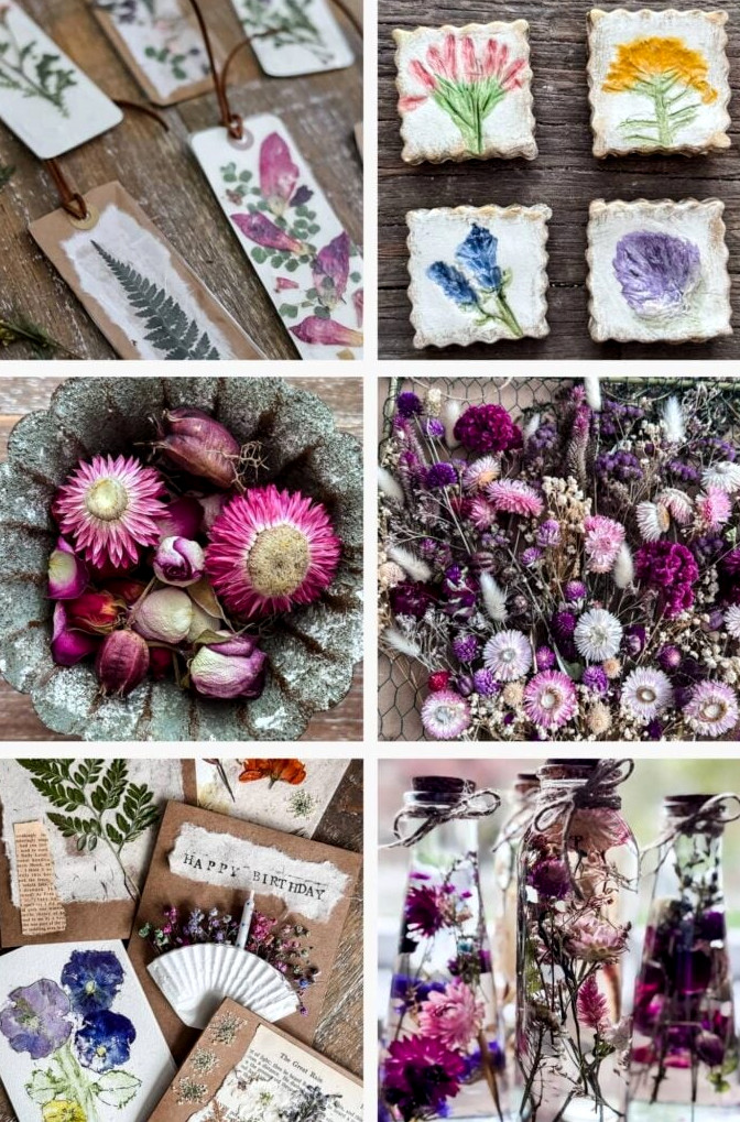 6 photo collage of projects made with flowers