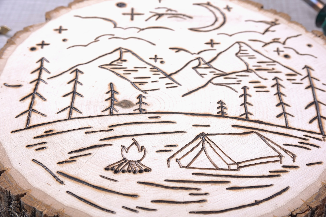close up wood burned detail