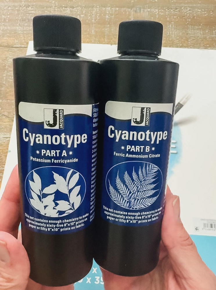 a woman holding bottles of cyanotype chemicals